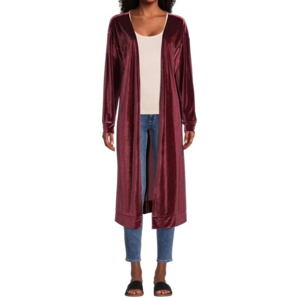 World Market Wine Red Velvet Open Front Duster Kimono Cardigan‎ Robe OS